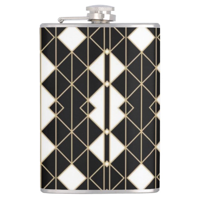 Art Deco Black and Gold Geometric luxury Hip Flask (Front)