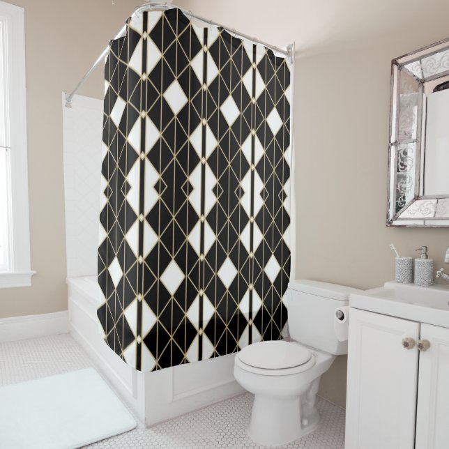 Art Deco Black and Gold Geometric luxury Shower Curtain (In Situ)