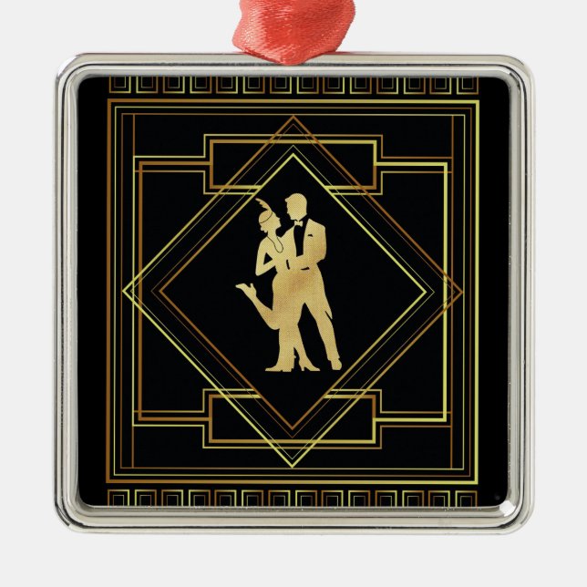 Art Deco black and gold geometric Metal Ornament (Front)