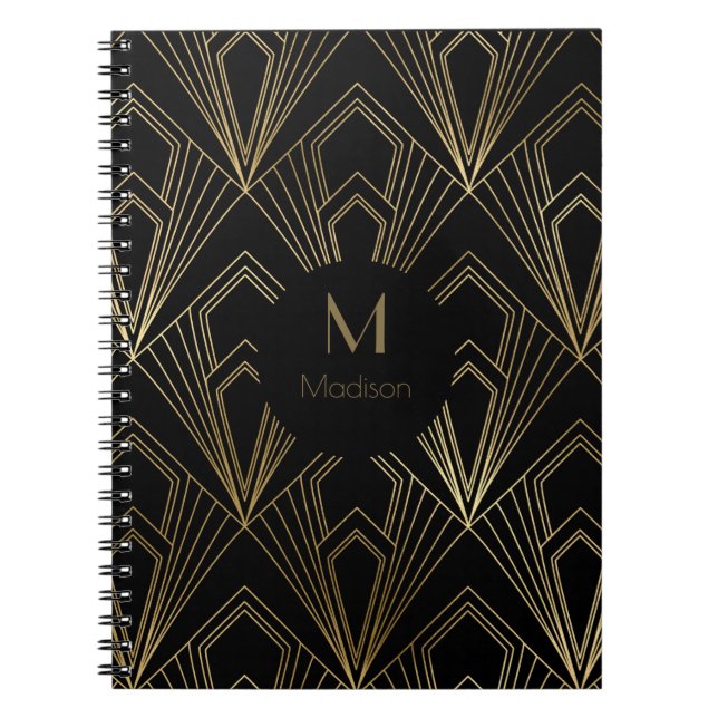 Art Deco Black and Gold Geometric Pattern Notebook (Front)
