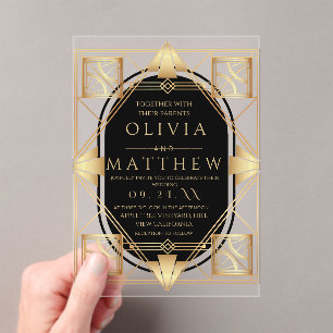 Art Deco Black and Gold Geometric Wedding Acrylic Invitations