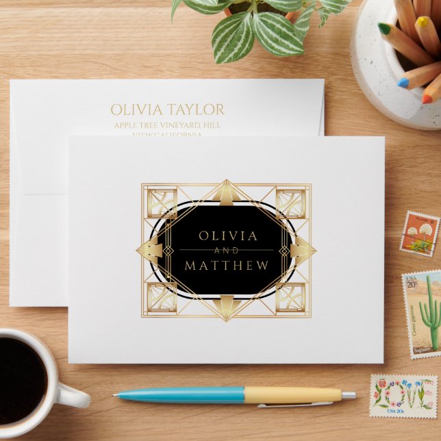 Art Deco Black and Gold Geometric Wedding  Envelope (Desk)