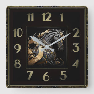 Art Deco Black and Gold Horse Square Wall Clock