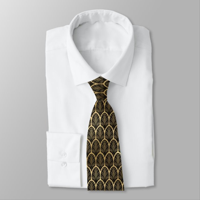 Art Deco Black and Gold Palm Leaf Pattern Tie (Tied)