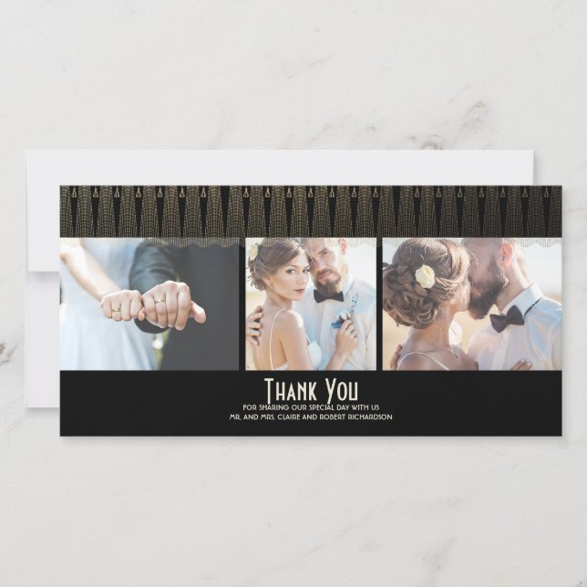 Art Deco Black and Gold Photo Wedding Thank You Card (Front)