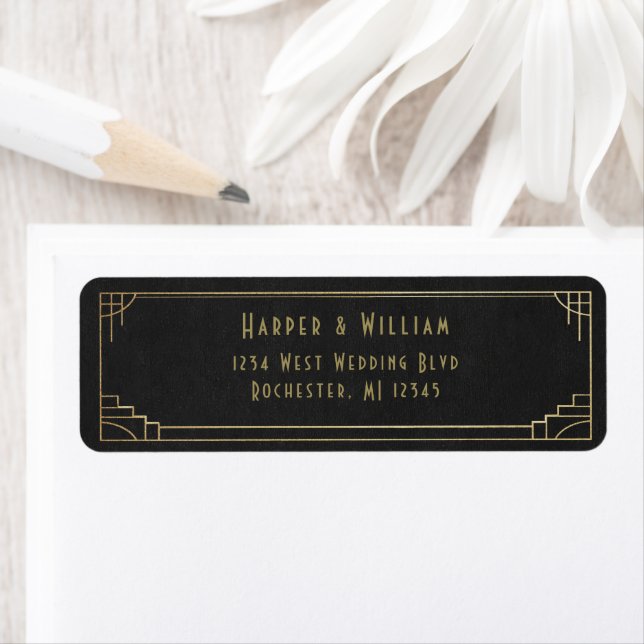 art deco black and gold return address label (Insitu)