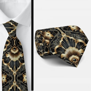 Art Deco Black and Gold Seashell Pattern Neck Tie