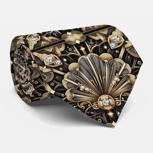 Art Deco Black and Gold Seashell Pattern Neck Tie (Rolled)