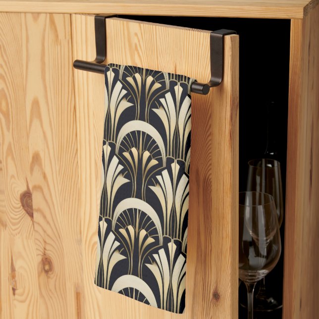 Art Deco Black and Gold symmetrical Tea Towel (Thirds Fold)