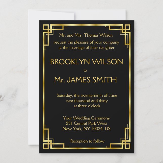 Art Deco Black And Gold Wedding Invitation Card (Front)