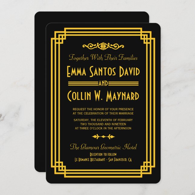 Art Deco Black and Gold Wedding Invites (Front/Back)
