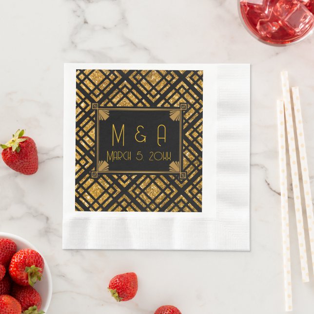 Art Deco Black and Gold Wedding Lunch Napkins (Insitu)