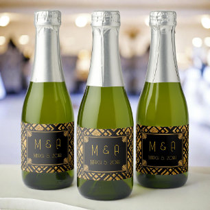 Art Deco Black and Gold Wedding Mini Wine Label