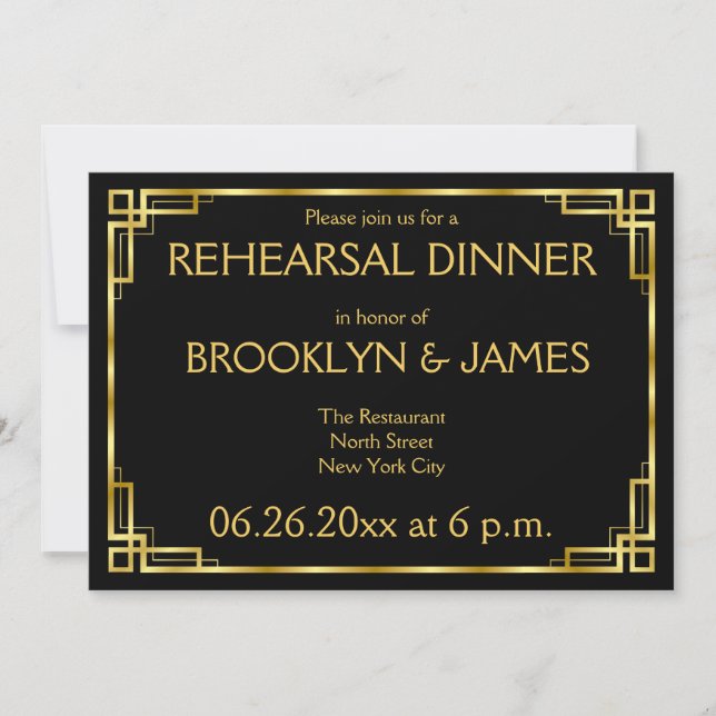 Art Deco Black And Gold Wedding Rehearsal Invites (Front)