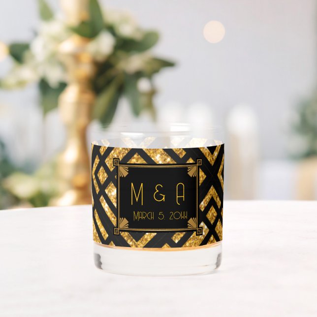 Art Deco Black and Gold Wedding Rocks Glass (Insitu (Wedding))