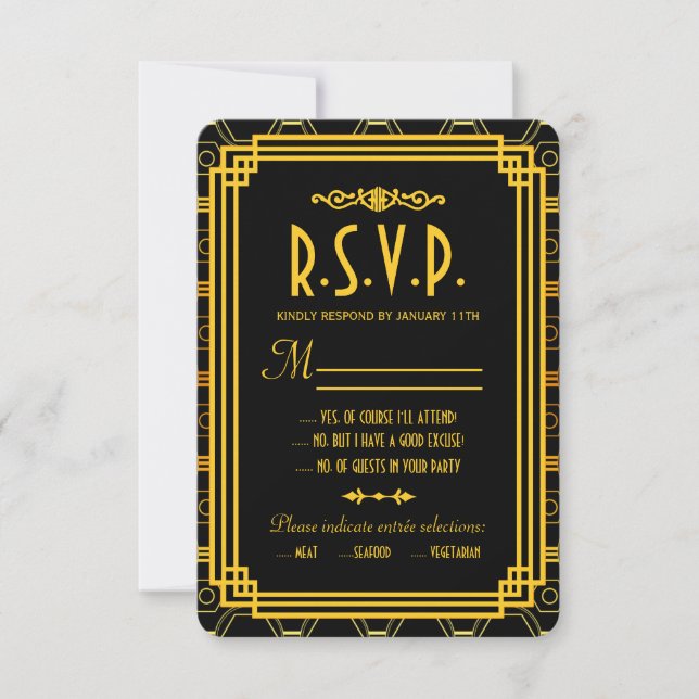 Art Deco Black and Gold Wedding RSVP Card (Front)