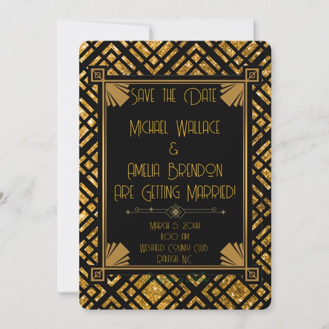 Art Deco Black and Gold Wedding Save the Date Card (Front)