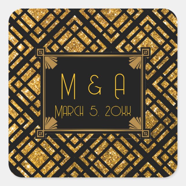 Art Deco Black and Gold Wedding Square Stickers  (Front)
