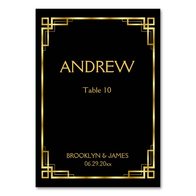 Art Deco Black And Gold Wedding Table Cards (Front)