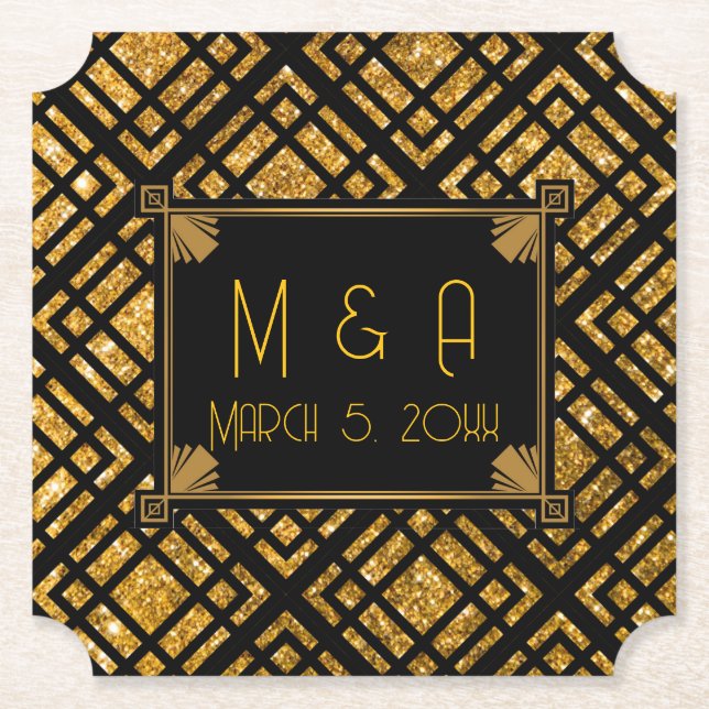 Art Deco Black and Gold Wedding Ticket Coaster (Front)