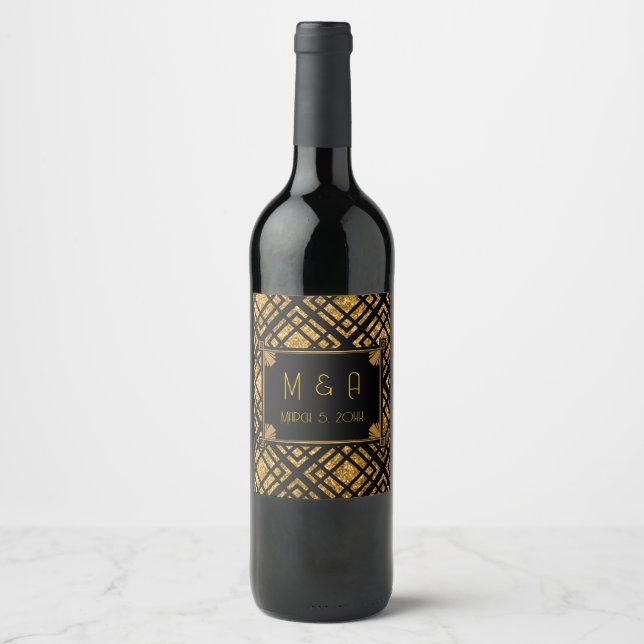 Art Deco Black and Gold Wedding Wine Label (Front)