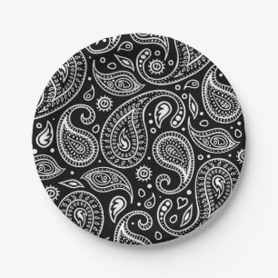 Art Deco Black and White Floral Paisley Pattern Paper Plate