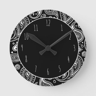 Art Deco Black and White Floral Paisley Pattern Round Clock