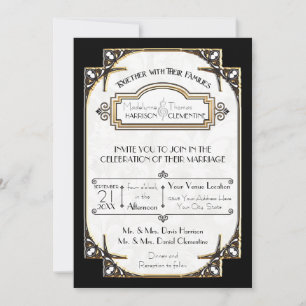 Art Deco Black and White Gold Typography Wedding Invitation
