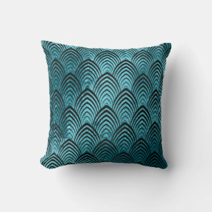 Art Deco Black Aquatic Geometric Scales Classic Cushion
