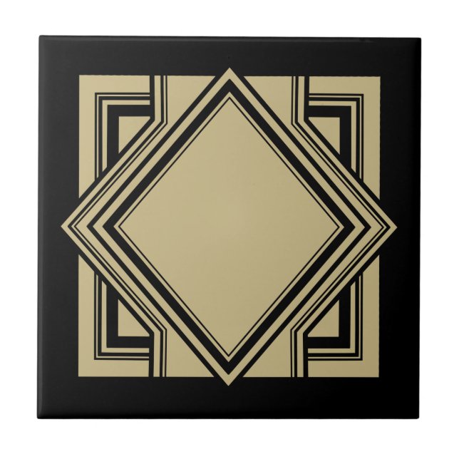 Art Deco Black Beige Gold Chic Geometric Square 05 Ceramic Tile (Front)