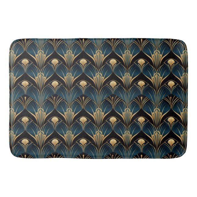Art Deco Black Blue and Gold symmetrical Bath Mat (Front)