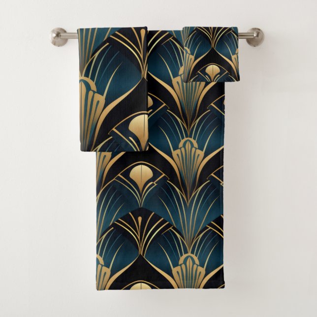 Art Deco Black Blue and Gold symmetrical Bath Towel Set (Insitu)