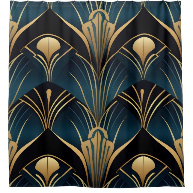 Art Deco Black Blue and Gold symmetrical Shower Curtain (Front)