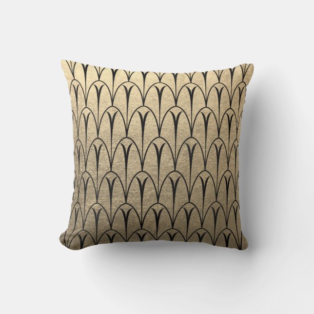 Art Deco Black Champaigne Gold Geometry Scales Cushion (Front)
