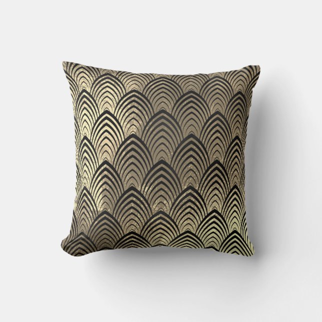Art Deco Black Champaigne Gold Scales Seashells Cushion (Front)