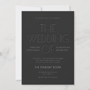 Art Deco Black Faux Embossed Typography Wedding Invitation
