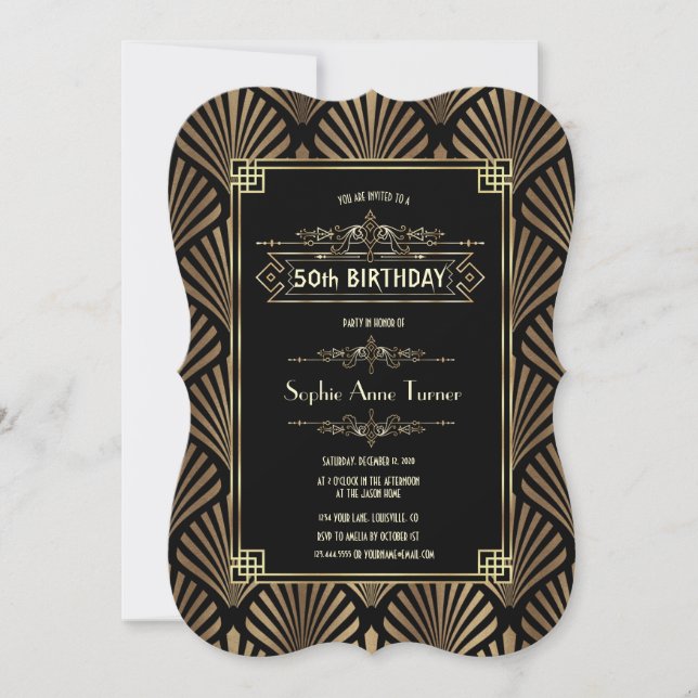 Art Deco Black Gatsby 1920s 50th Birthday Party Invitation (Front)