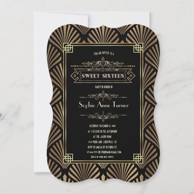 Art Deco Black Gatsby 1920s Sweet Sixteen Invitation (Front)