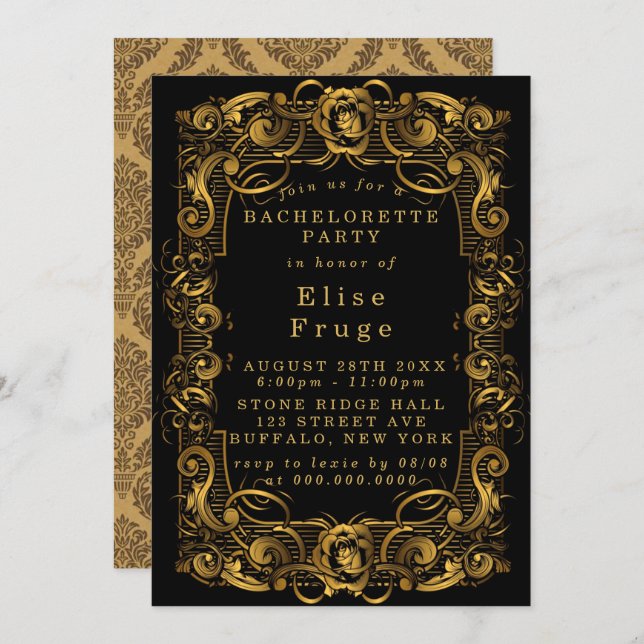 Art Deco Black Gold Bachelorette Party Invitation (Front/Back)