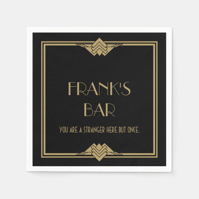 Art Deco Black Gold Bar Name Napkin (Front)
