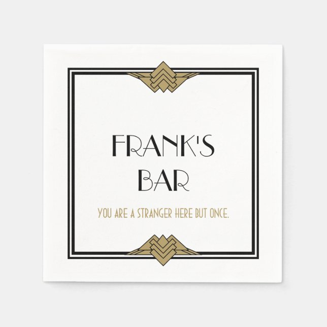 Art Deco Black Gold Bar Name Napkins (Front)