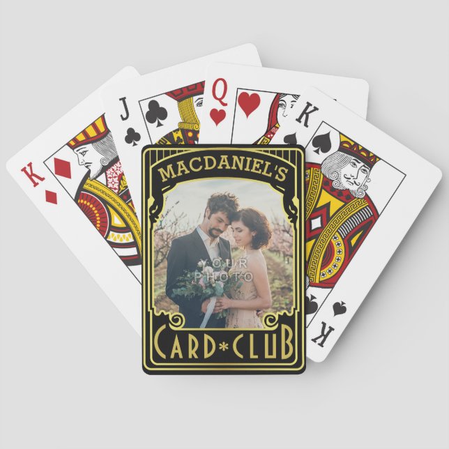 Art Deco Black Gold Club Elegant Custom Photo Name Playing Cards (Back)