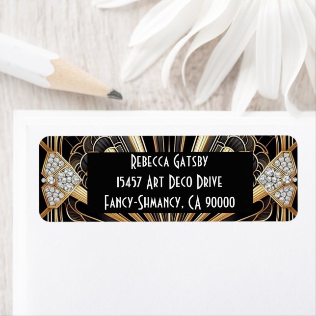 Art Deco Black & Gold Diamond Return Address Label (Insitu)