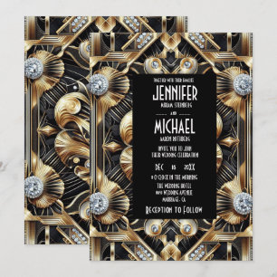 Art Deco Black & Gold Diamond Wedding Invitations