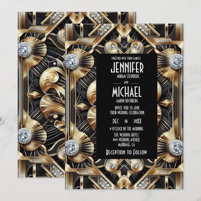 Art Deco Black & Gold Diamond Wedding Invitations (Front/Back)