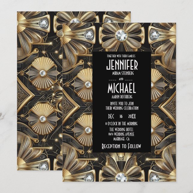 Art Deco Black & Gold Diamond Wedding Invitations (Front/Back)