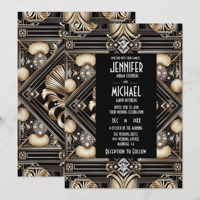 Art Deco Black & Gold Diamond Wedding Invitations (Front/Back)