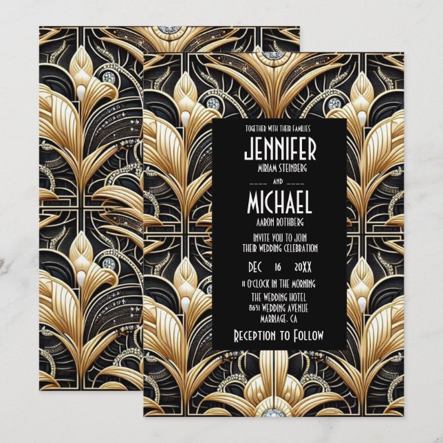 Art Deco Black & Gold Diamond Wedding Invitations (Front/Back)