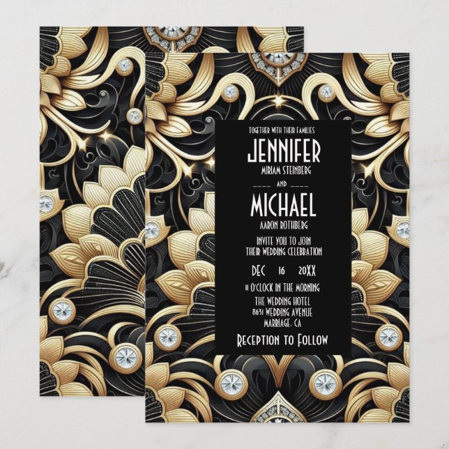 Art Deco Black & Gold Diamond Wedding Invitations (Front/Back)
