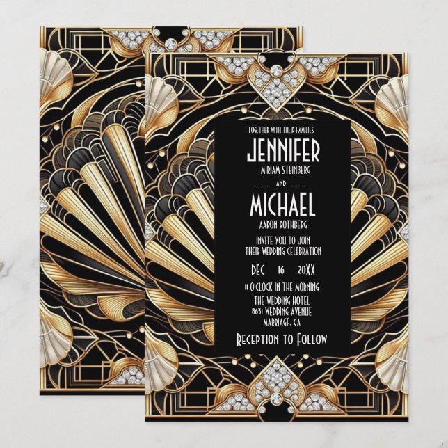 Art Deco Black & Gold Diamond Wedding Invitations (Front/Back)